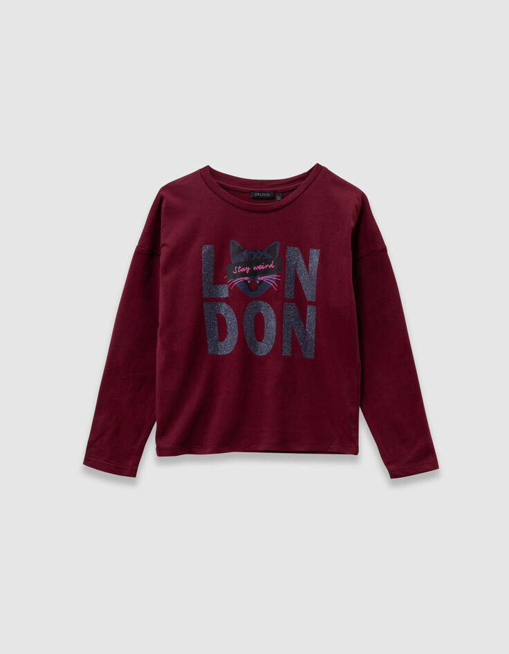 Bordeaux T-shirt biokatoen tekst en poes meisjes-5