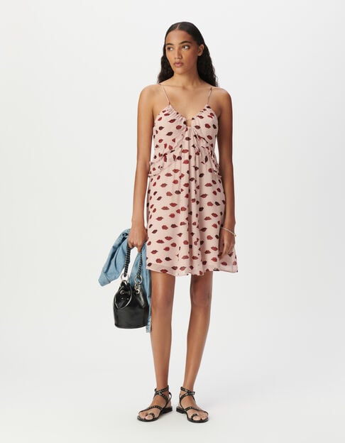 Women’s pink voile strappy dress with mouth print - IKKS