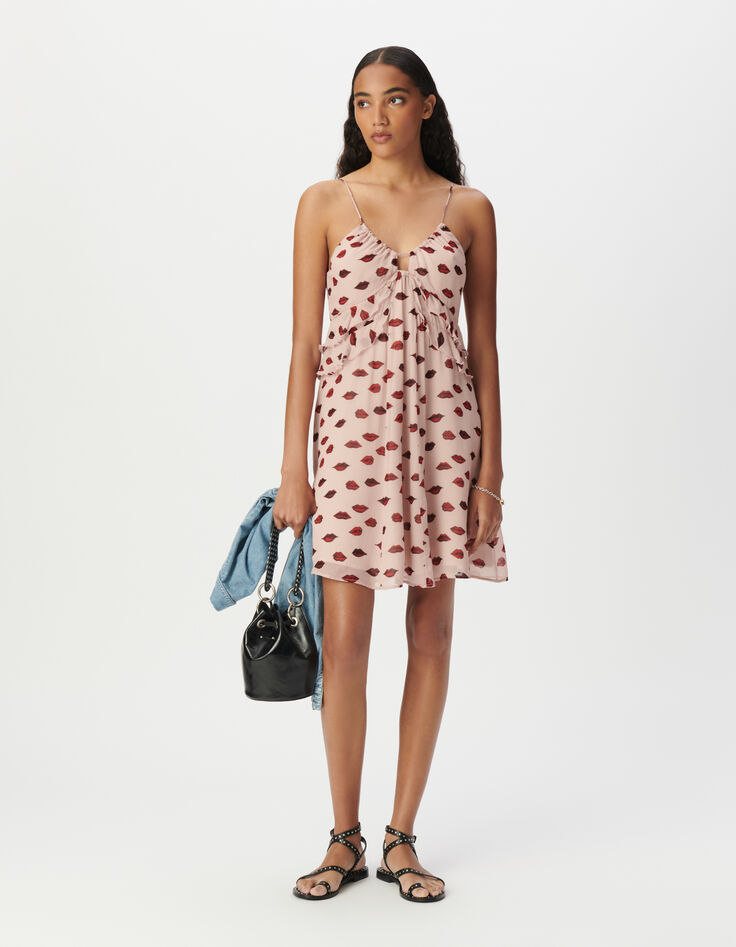 Robe fines bretelles voile rose imprimé bouches Femme-1