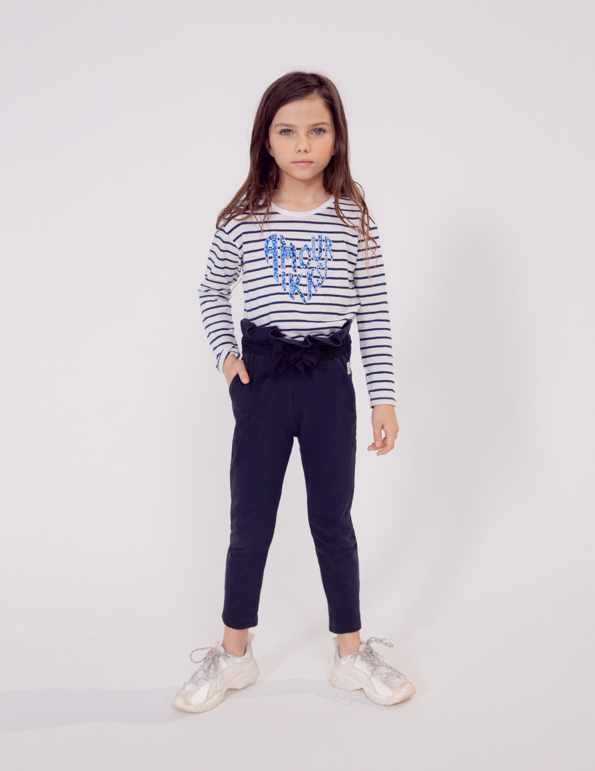 Pantalon marine coton bio maille ceinture a nouer fille IKKS