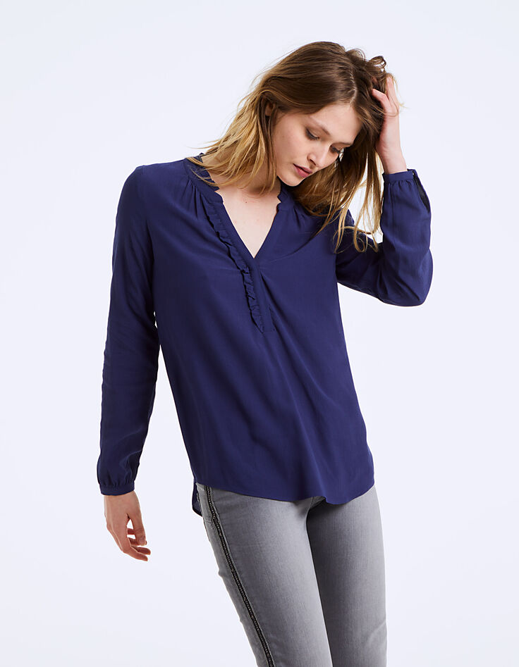 Women's navy viscose crêpe ruffle collar blouse-2 Women's navy viscose crêpe ruffle collar blouse-2