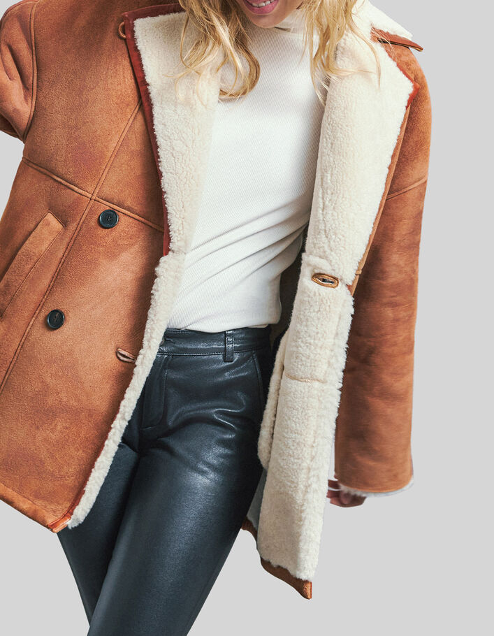 Manteau cognac cuir retourné esprit canadienne Femme IKKS