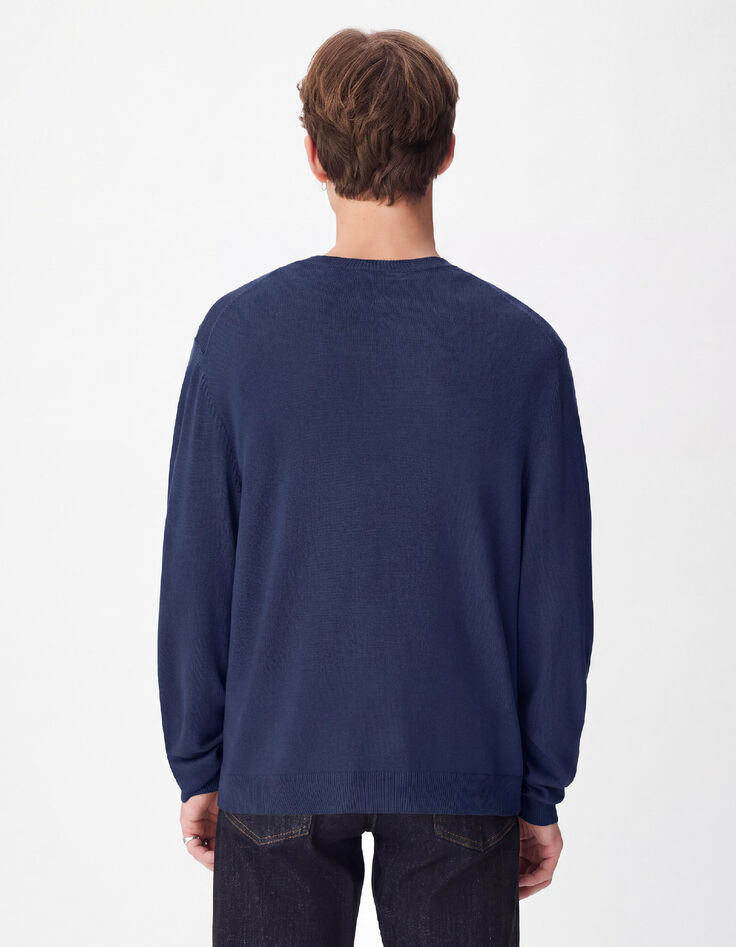 Marineblauwe herentrui met V-hals, 100% wol-4