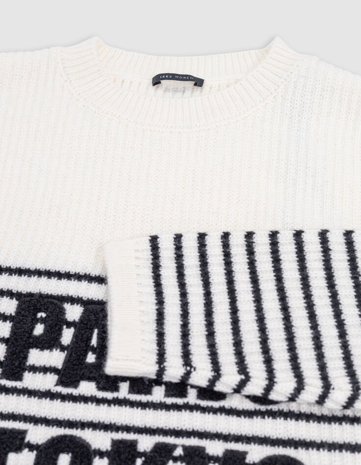Women's black striped knit sweater with loopback message-5 Women's black striped knit sweater with loopback message-5