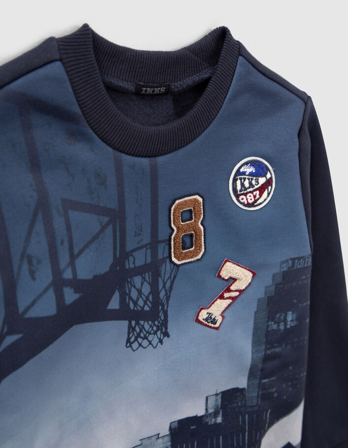 Boys’ navy sweatshirt with buildings and badges image-3