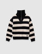 Schwarzer Jungenstrickpullover beigefarbene Streifen-1