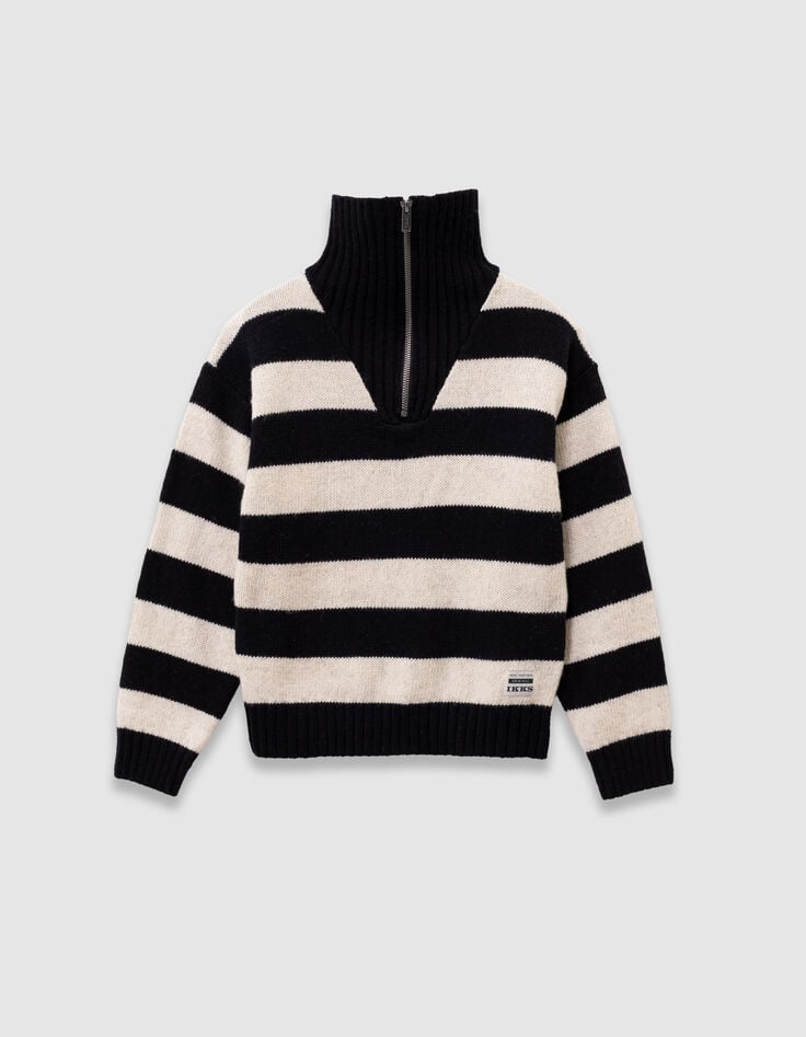 Schwarzer Jungenstrickpullover beigefarbene Streifen-1