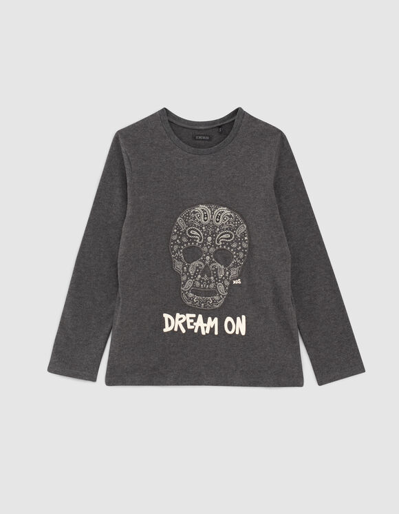 Boys’ grey marl organic T-shirt with Bandana skull