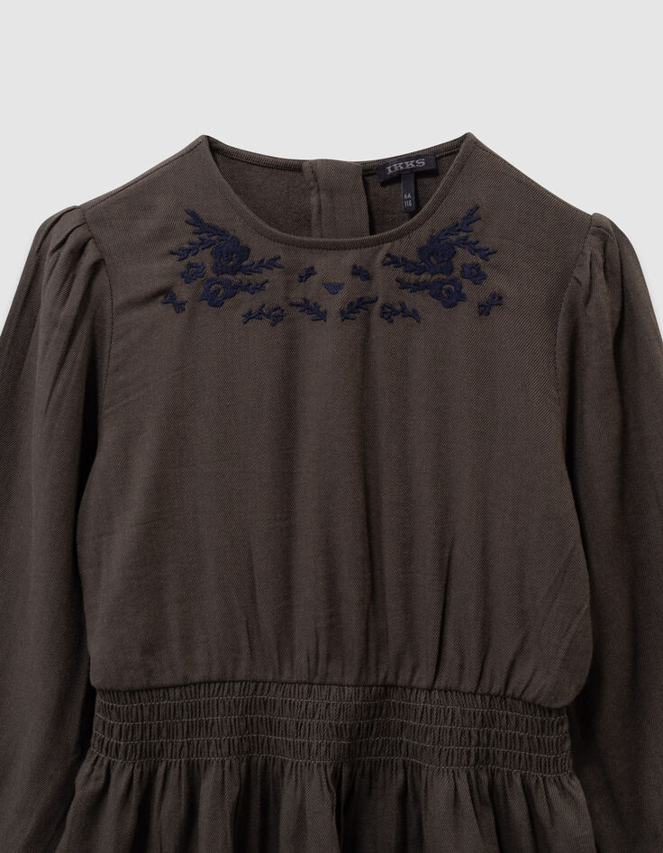 Kaki jurk borduursels marine bloemen meisjes-5