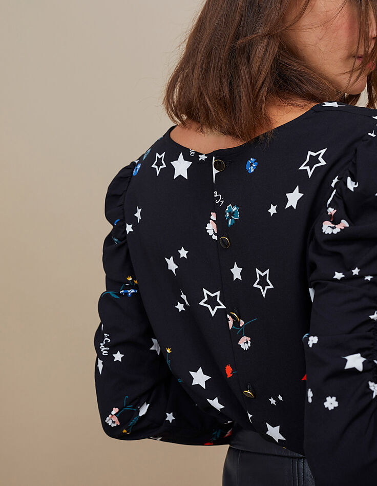 Schwarze Bluse mit Blumen-Sternen-Print I.Code-4