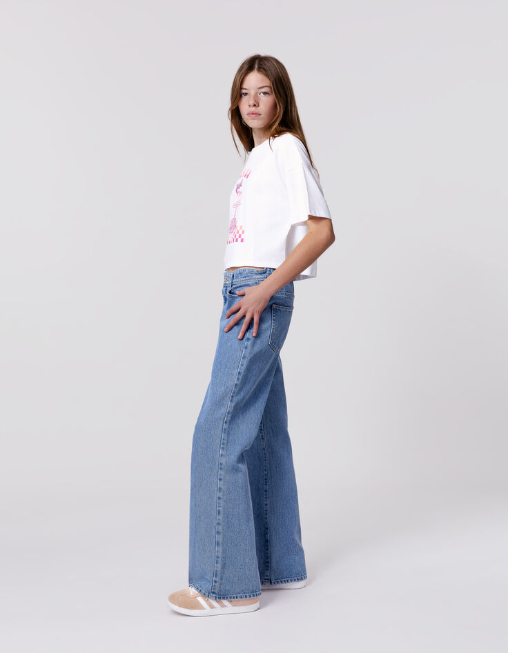 Jean FLARE bleu Waterless broderie poche dos fille-2