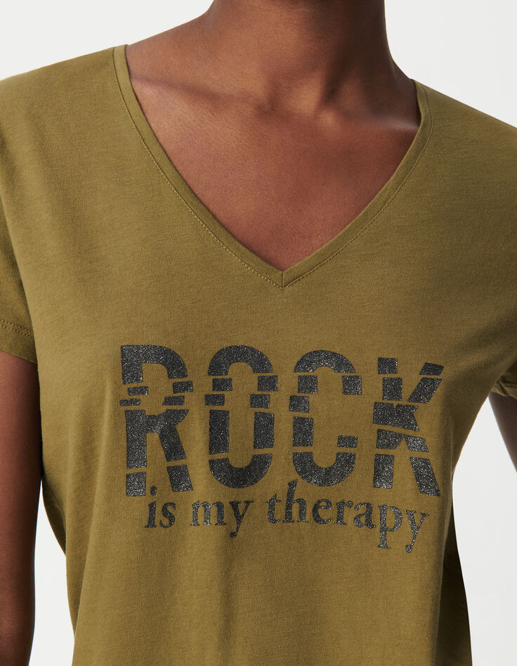 Women's organic cotton khaki t-shirt with glitter message-6