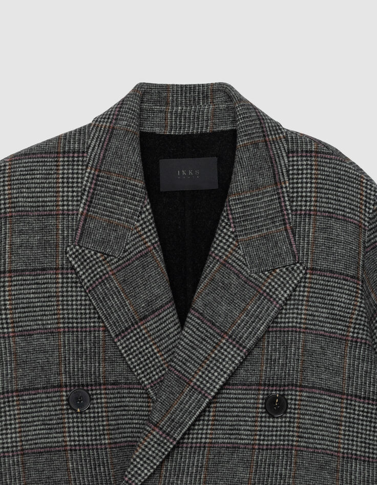 Manteau long gris motif carreaux boutonnage croisé Femme-2