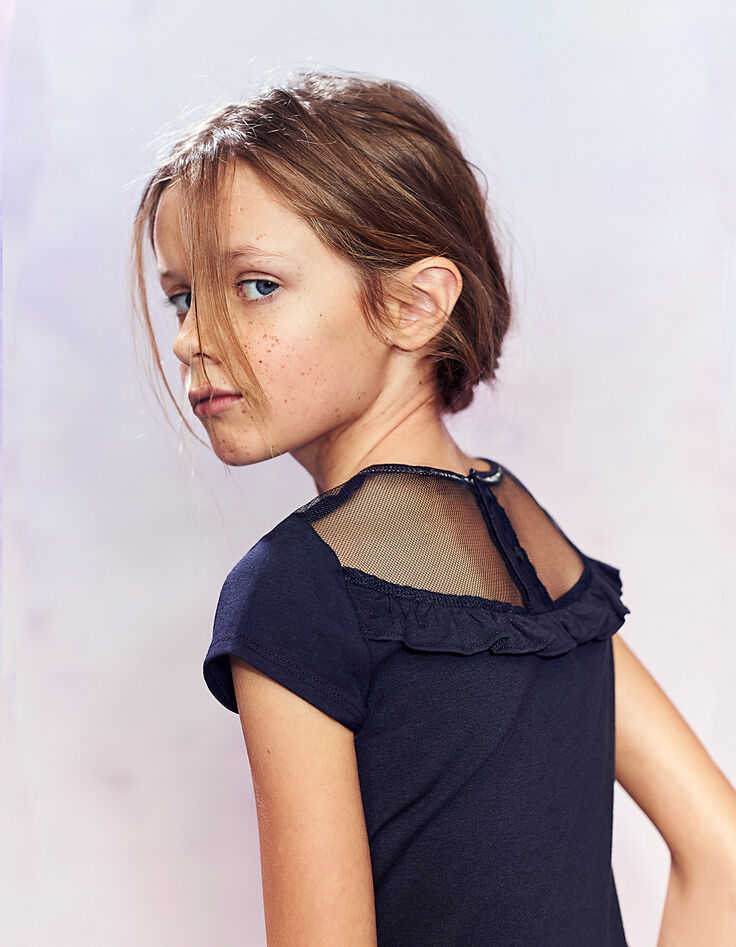 Tee-shirt navy avec résille dos fille-1 Tee-shirt navy avec résille dos fille-1
