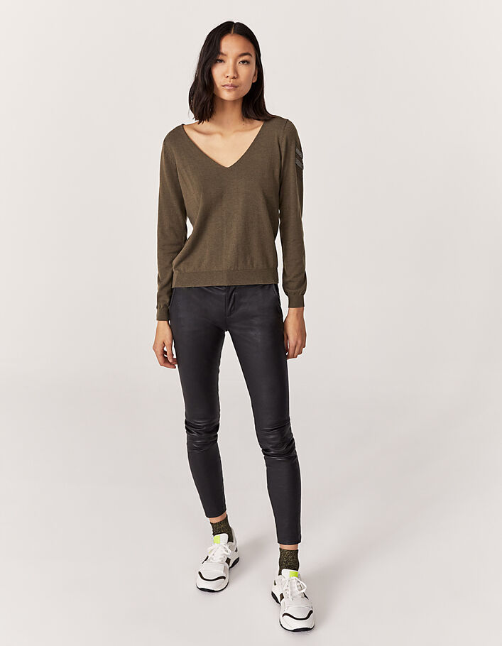 Jersey punto tricot caqui joya estilo militar mujer-6