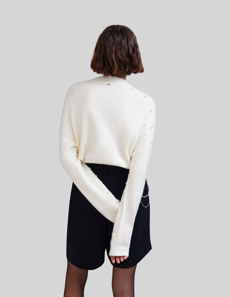 Women’s ecru knit sweater with embroidered pearly beads-3