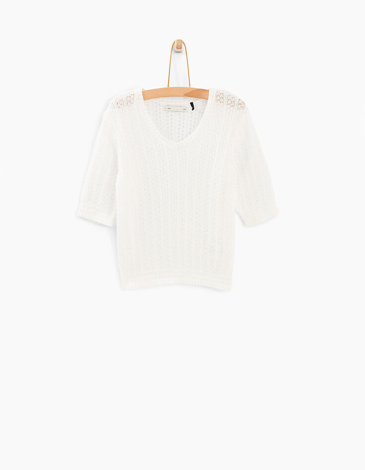 Cremeweißer Mädchenpullover mit Ajour-Strick-2