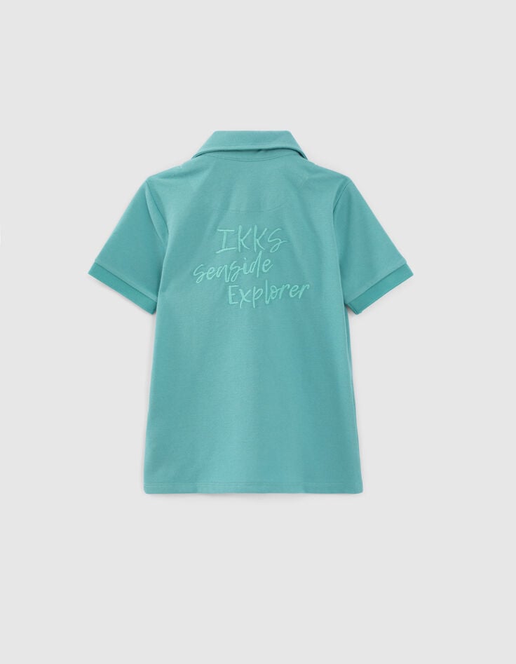 Boys’ turquoise polo shirt with trompe-l'oeil shirt collar-2