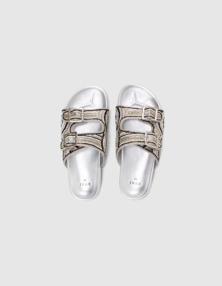 Mules silver cuir m&eacute;tallis&eacute; broderies perles Femme-5