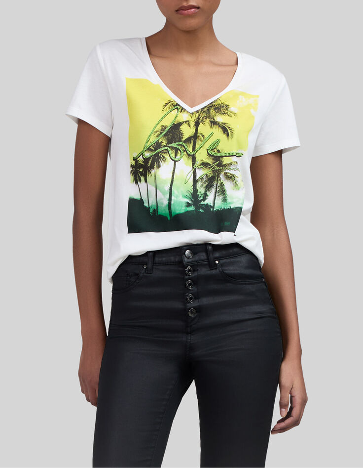 Tee-shirt blanc cass&eacute; message flocage velours Femme-2