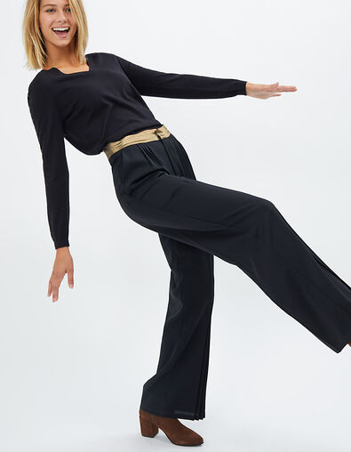 I.Code black pleats wide trousers with gold belt - IKKS
