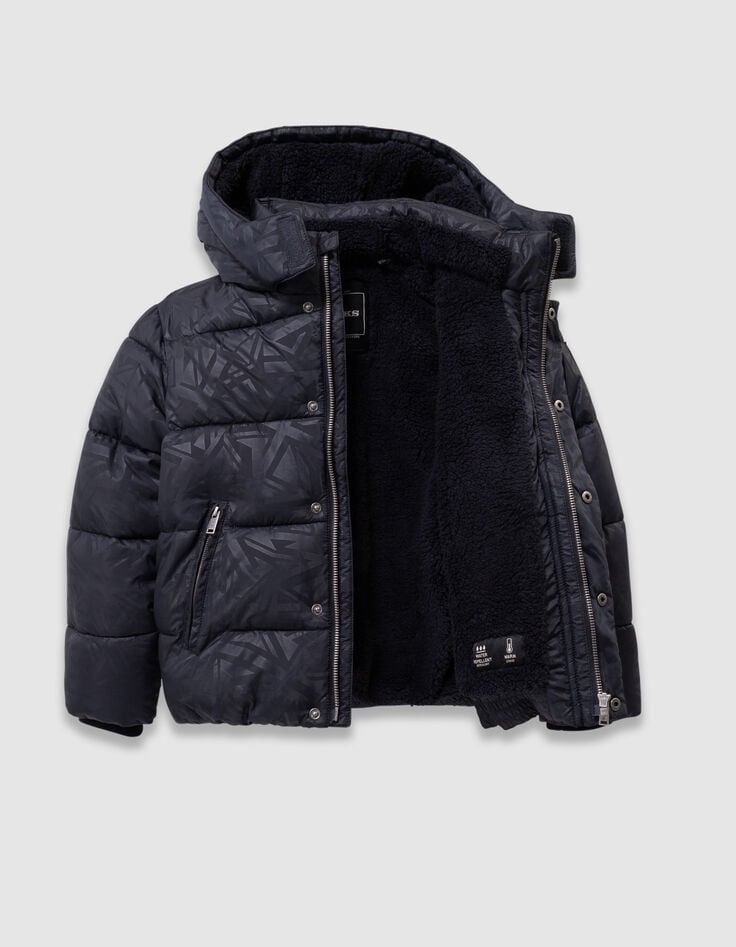 Marineblaue Jungensteppjacke Kapuze grafisches Motiv-9 Marineblaue Jungensteppjacke Kapuze grafisches Motiv-9