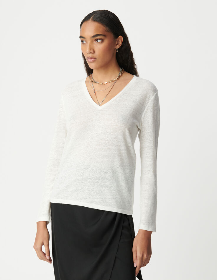 Dames-T-shirt van witte linnenblend met lange mouwen-2