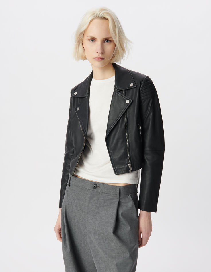 Blouson court en cuir d'agneau épaules matelassées femme-2