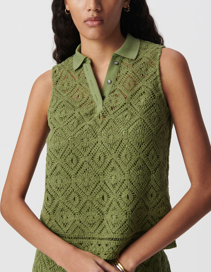 Top col polo vert coton bio dentelle crochet Femme-4