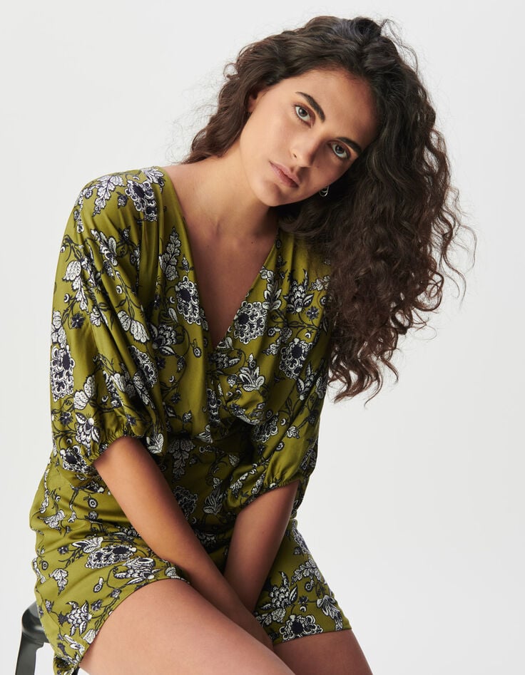 Robe fluide verte imprimé floral Femme-6