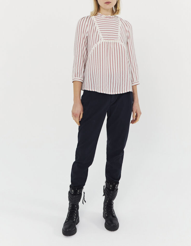 Blouse à rayures et galons de dentelle femme-5