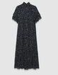 Women’s navy polka dot print long dress with draped collar-6