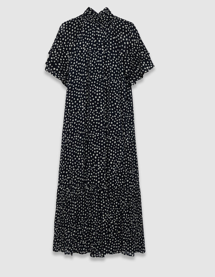 Women’s navy polka dot print long dress with draped collar-6
