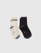 Gerippte Mädchensocken in Grau und Cremeweiß-2