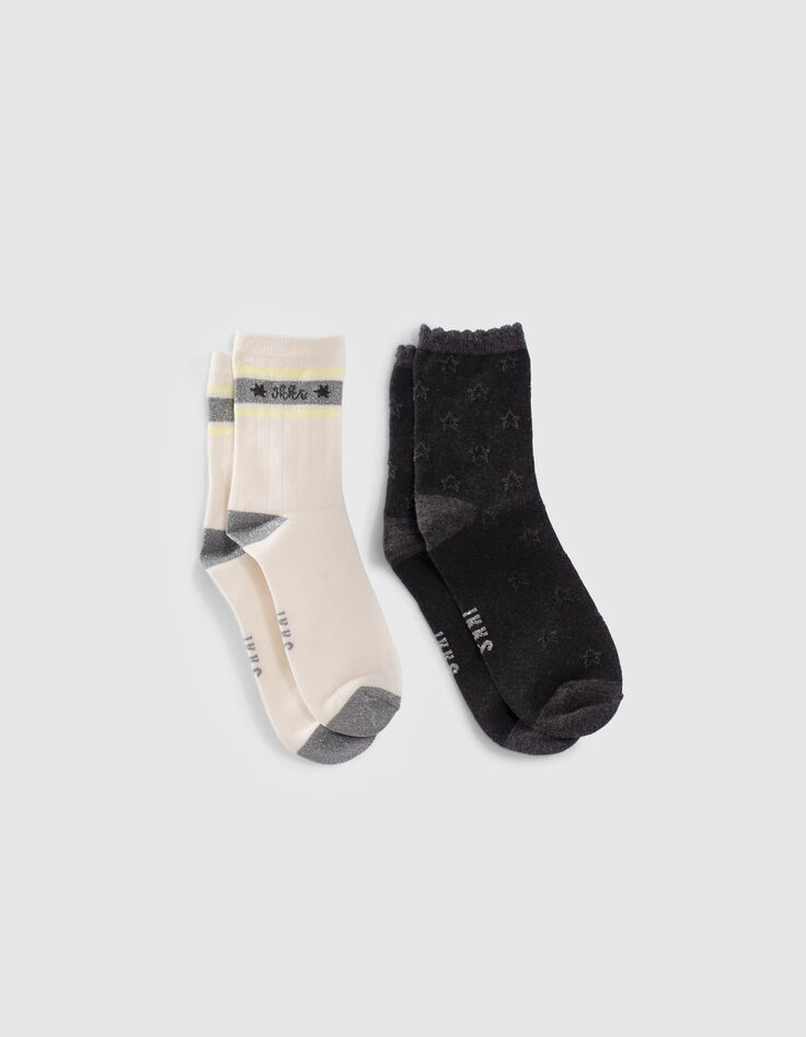 Gerippte Mädchensocken in Grau und Cremeweiß-2