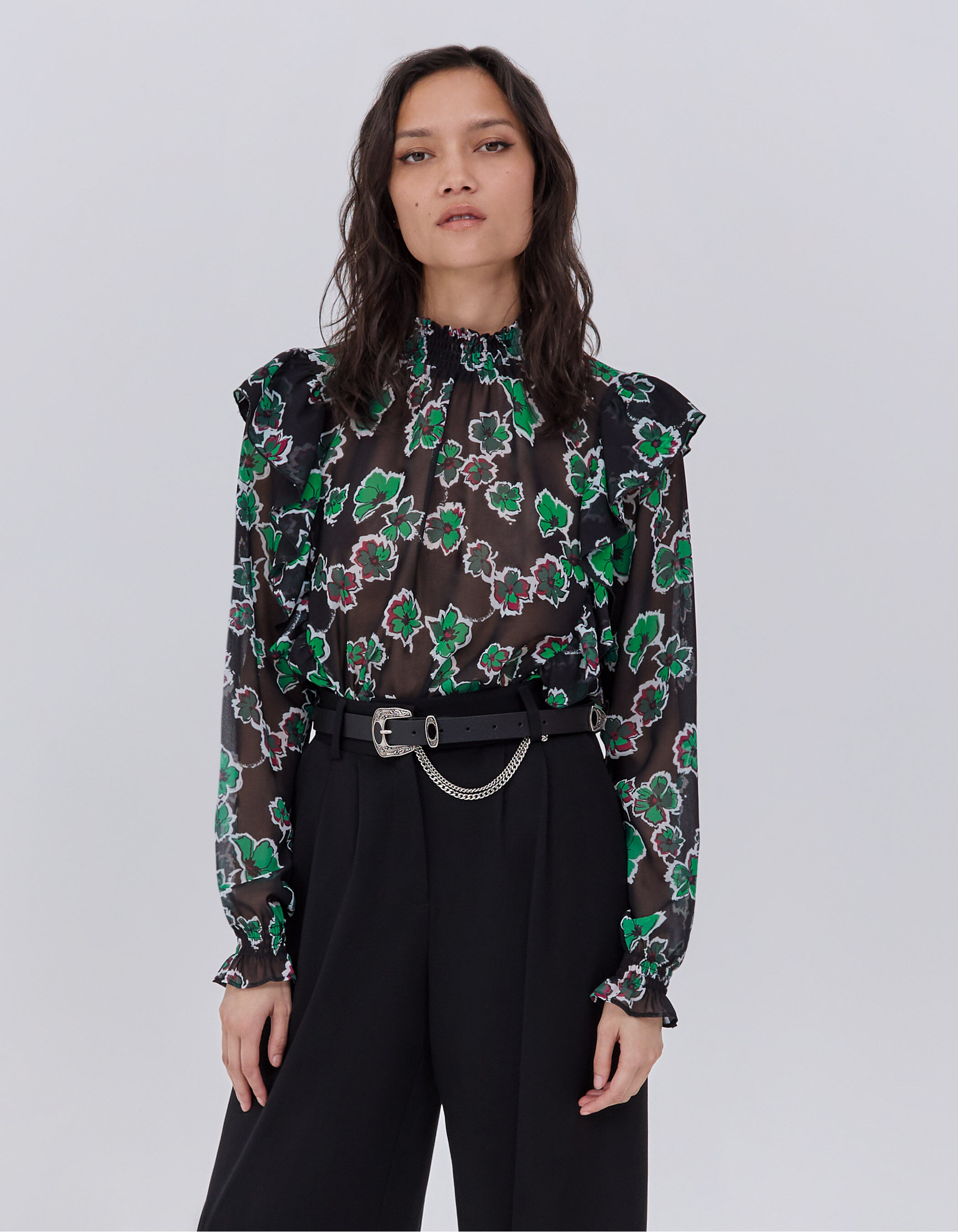 Veste de costume noire imprim green flowers Femme