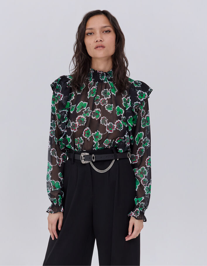 Women’s black XL floral print ruffled blouse-1