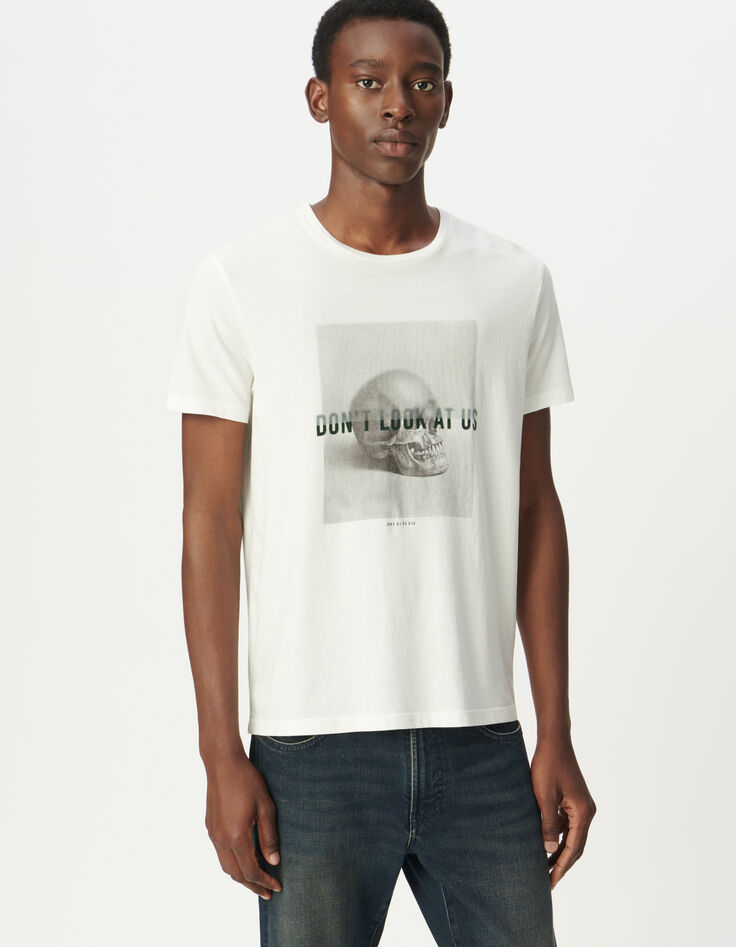 Men’s white T-shirt with skull image and flocked slogan-2