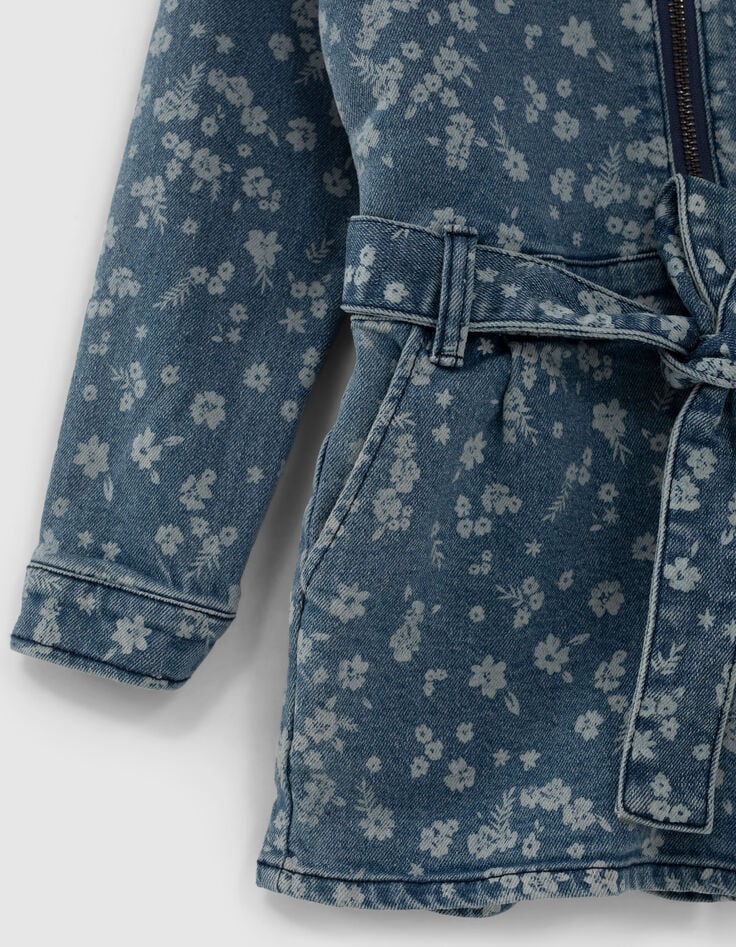Kurzer Medium Blue M&auml;dchenjeansoverall mit Blumenprint-4