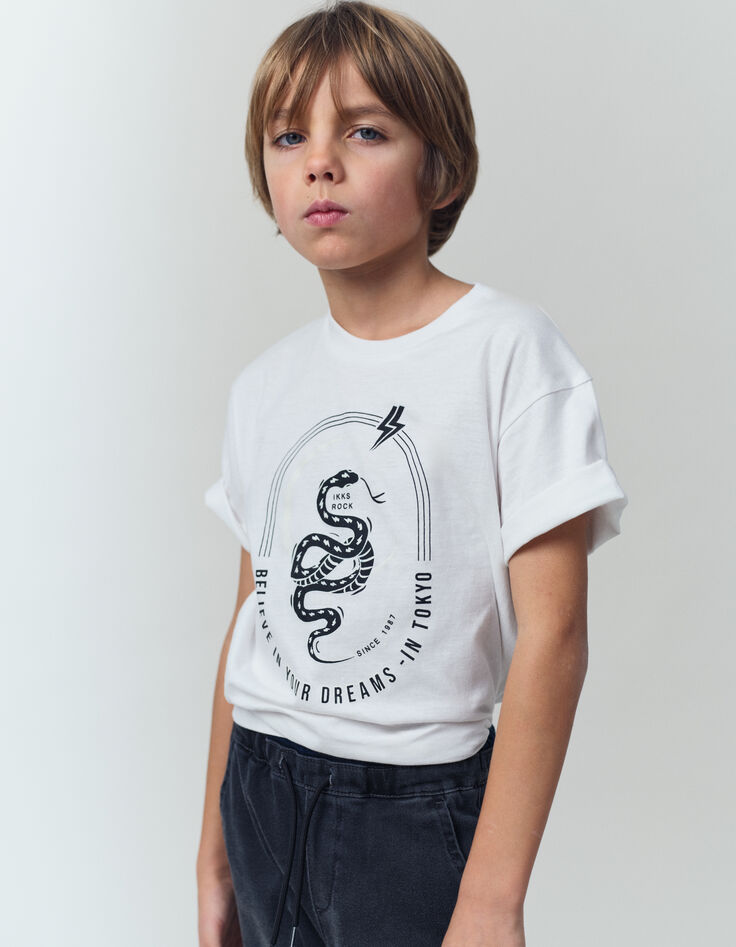 T-shirt blanc coton bio serpent Reflective garçon-1