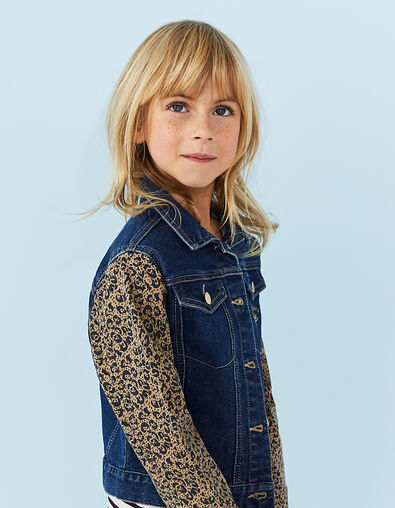 Girls' stone blue denim jacket+leopard sleeves - IKKS