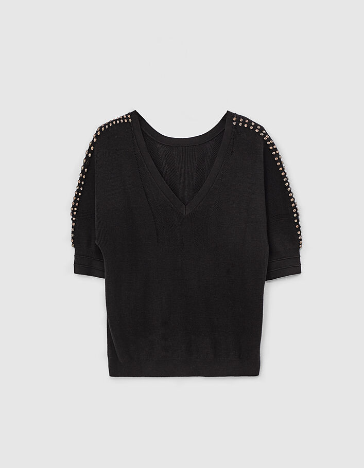 Pull noir manches courtes détail perles femme
