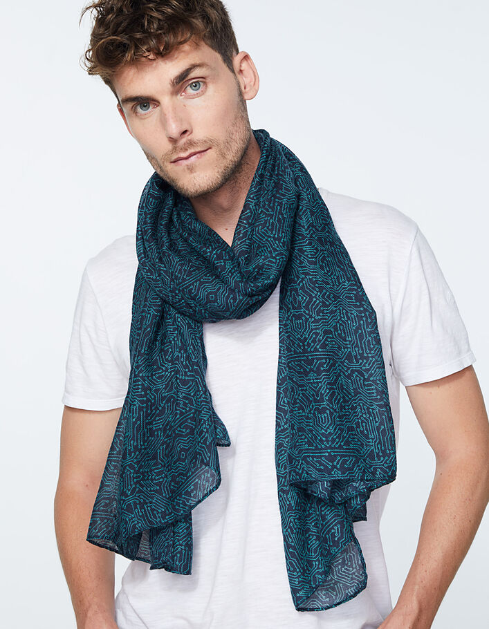 Men’s dark blue scarf with emerald circuit print
