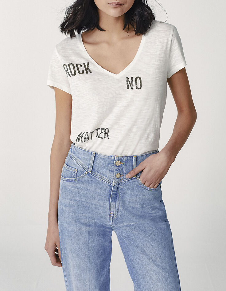 Tee-shirt en coton bio écru visuel message rock femme-1