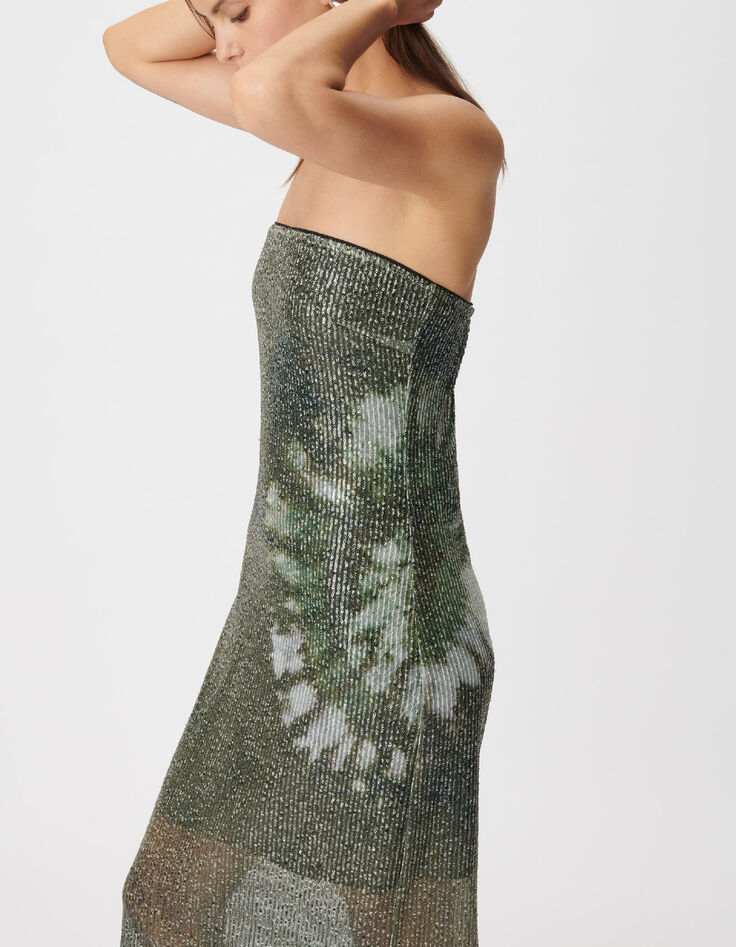Khaki strapless dress with sequins for women-4