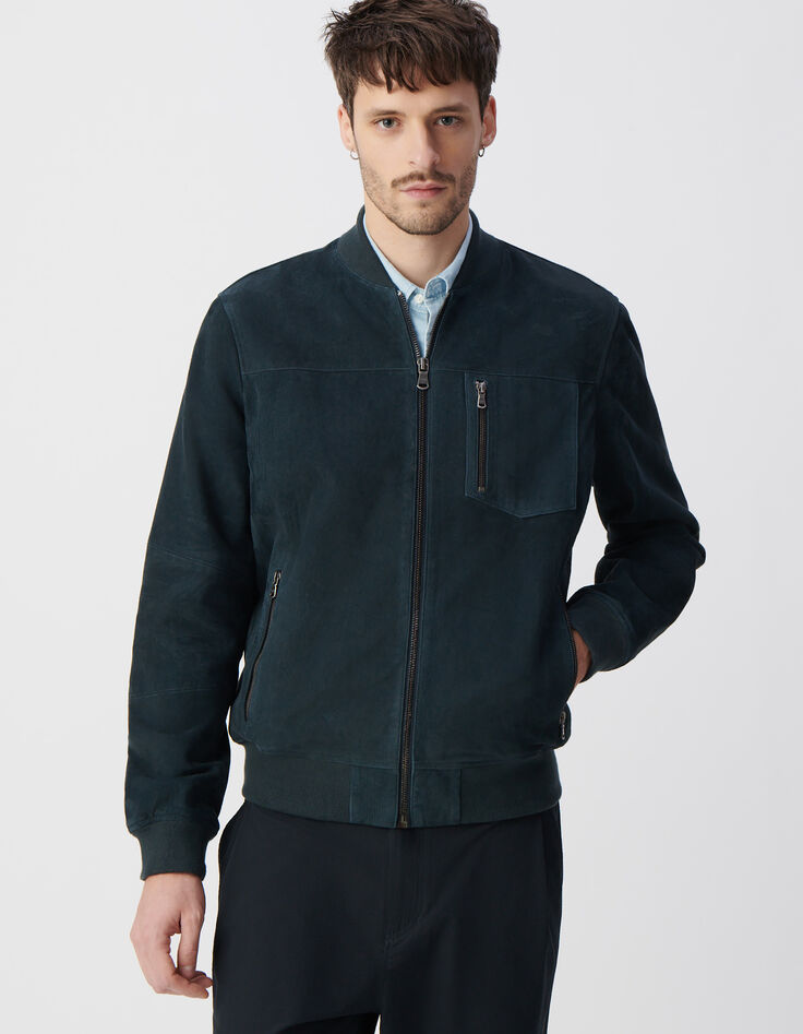 Blouson bomber encre en cuir velours Homme-5