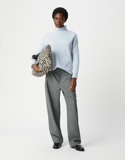 Damen himmelblauer Stehkragen-Strickpullover mit Strassknöpfen - IKKS