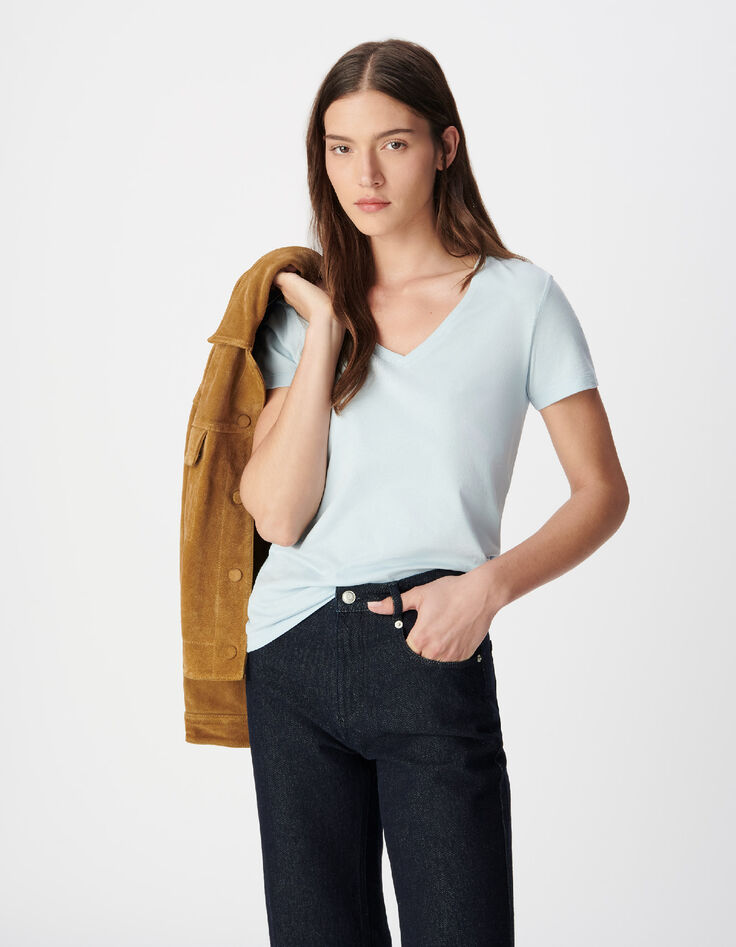 Tee-shirt col V bleu Femme-2