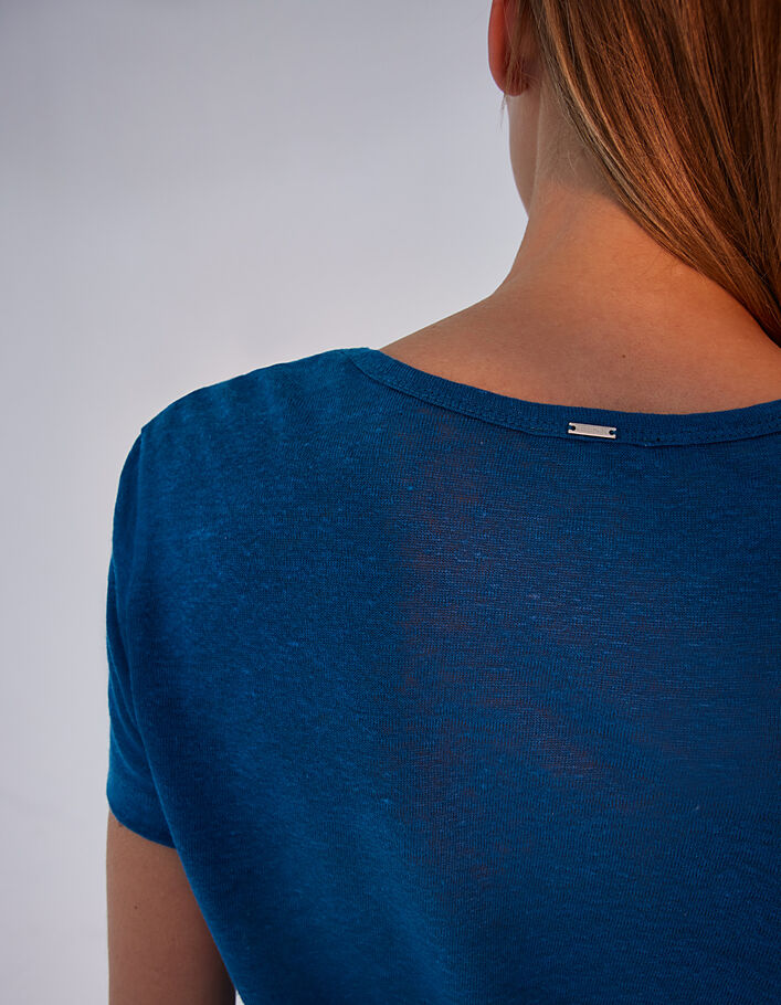 Tee-shirt en lin bleu visuel flocage velours devant femme-5