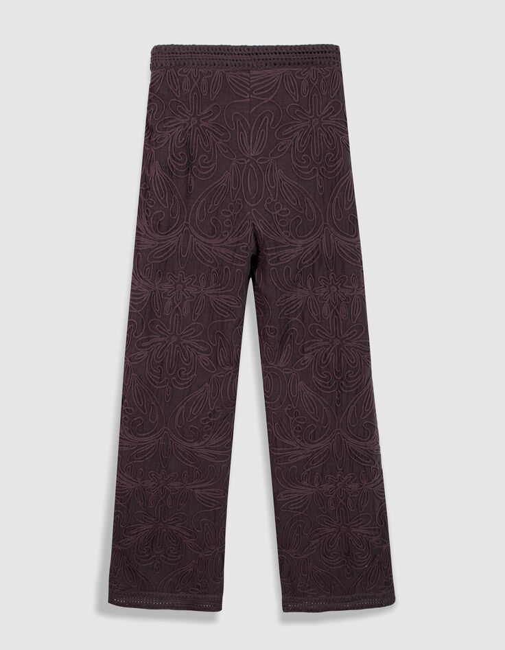 Pantalon large bordeaux motifs brod&eacute;s crochet Femme-8